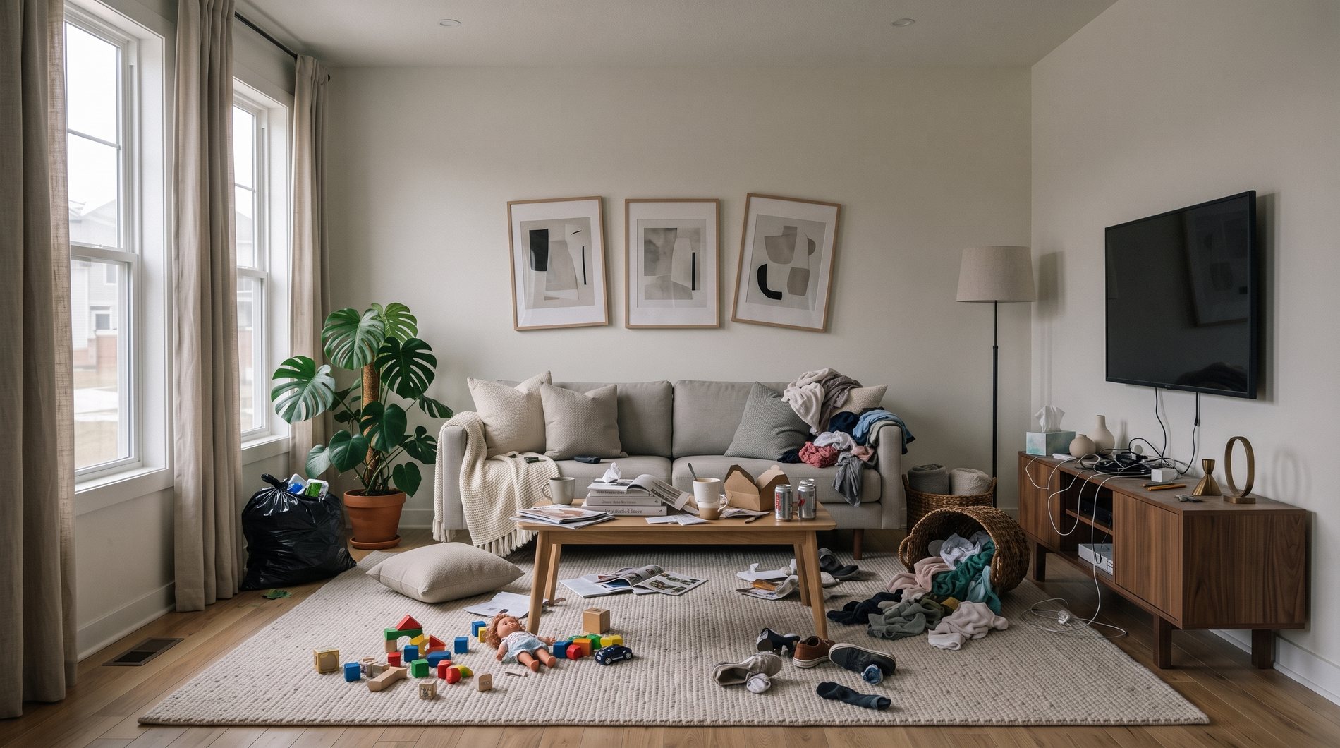 A cluttered living room before Julia's clean