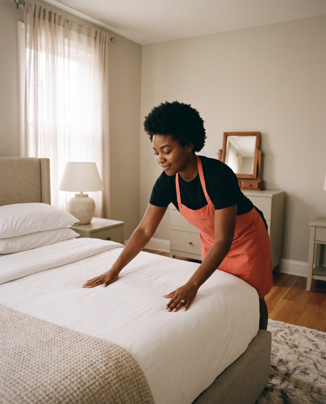 Julia's team member making a bed with fresh linens