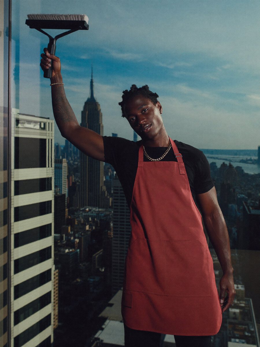 Team member polishing windows over the Manhattan skyline
